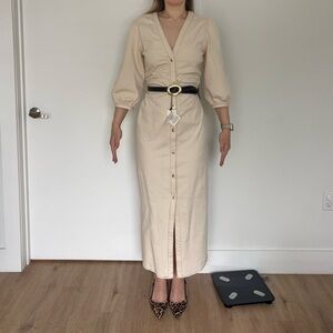 Zara Cream Button-Front Maxi Dress with Puff Sleeves